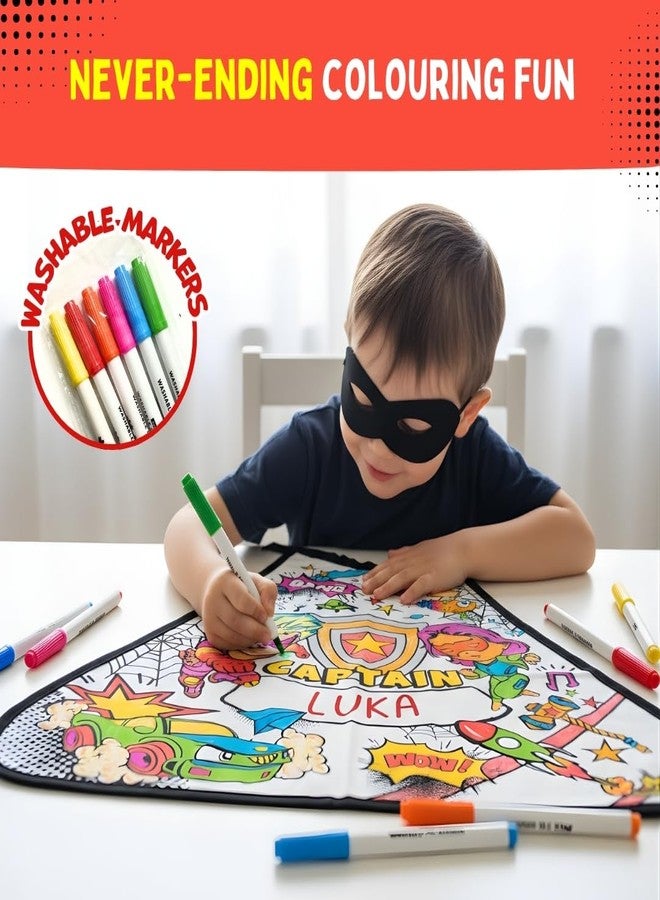 PepPlay My Superhero Cape Coloring Kit, 6 Smudge-Free Washable Markers & Eye Mask, Reusable, Mess Free DIY Activity, for Boys 4+, Birthday Gift for Boys and Girls Ages 4 5 6 7 8, Pretend Play, Cotton - Image 3